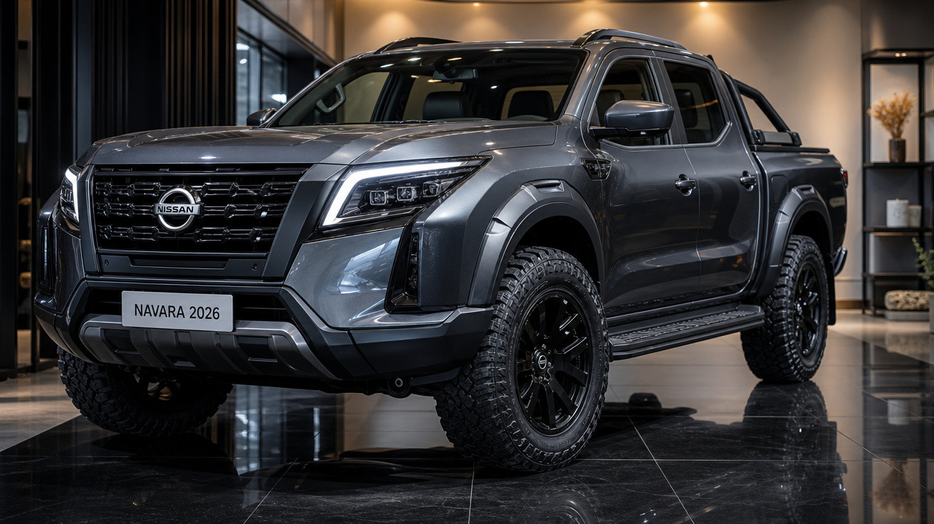 Picape Nissan Navara 2026 cinza escuro em showroom com rodas pretas e faróis modernos acessos.
