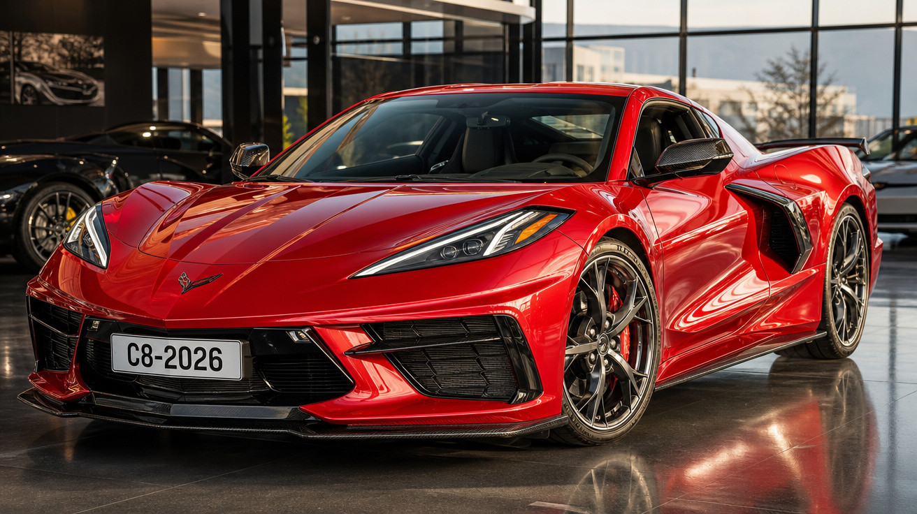 Carro esportivo vermelho Corvette C8 2026 exibido em showroom com piso refletivo e janelas amplas.