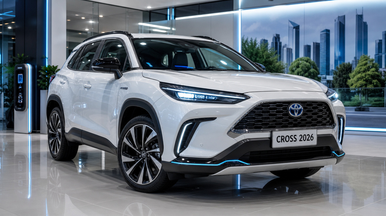 Carro Toyota Cross 2026 branco exibido em showroom moderno com piso brilhante.