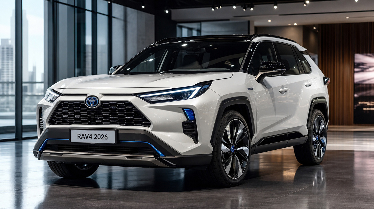 SUV Toyota RAV4 2026 branco exibido em showroom moderno com iluminação indireta.