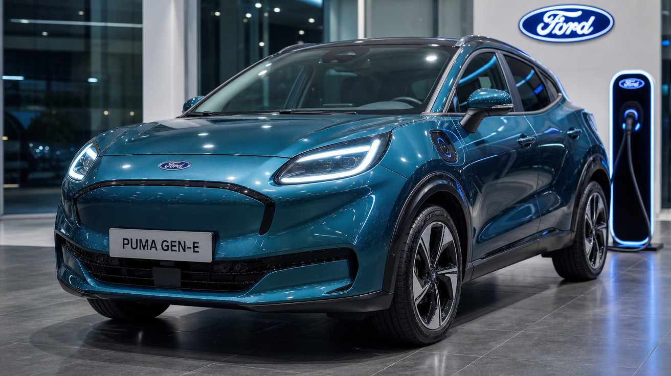 Carro elétrico Ford Puma Gen-E azul em showroom com posto de recarga ao fundo.