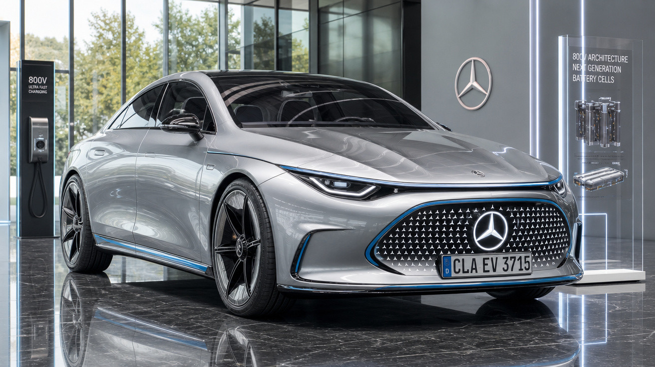 Carro elétrico prata Mercedes-Benz em exibição dentro de showroom moderno com carregador 800V ao lado.
