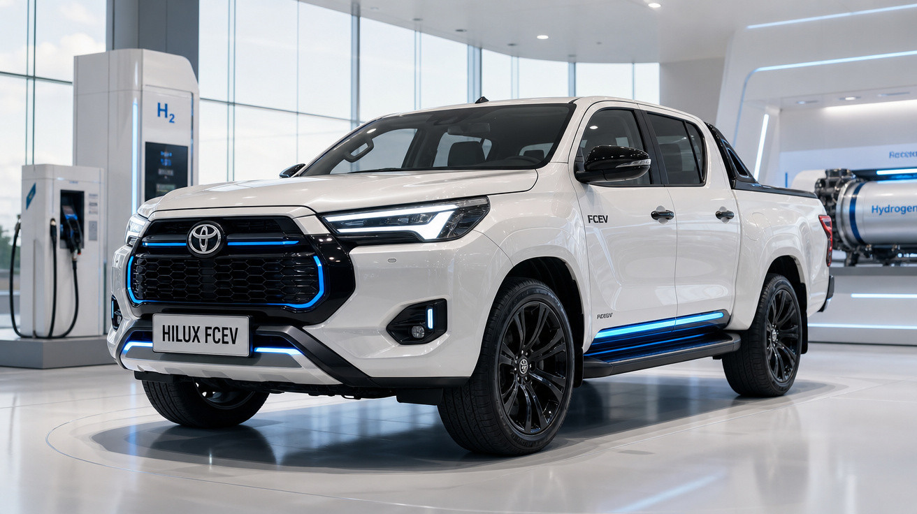 Picape Toyota Hilux FCEV branca estacionada em showroom moderno com bomba de hidrogênio ao fundo.