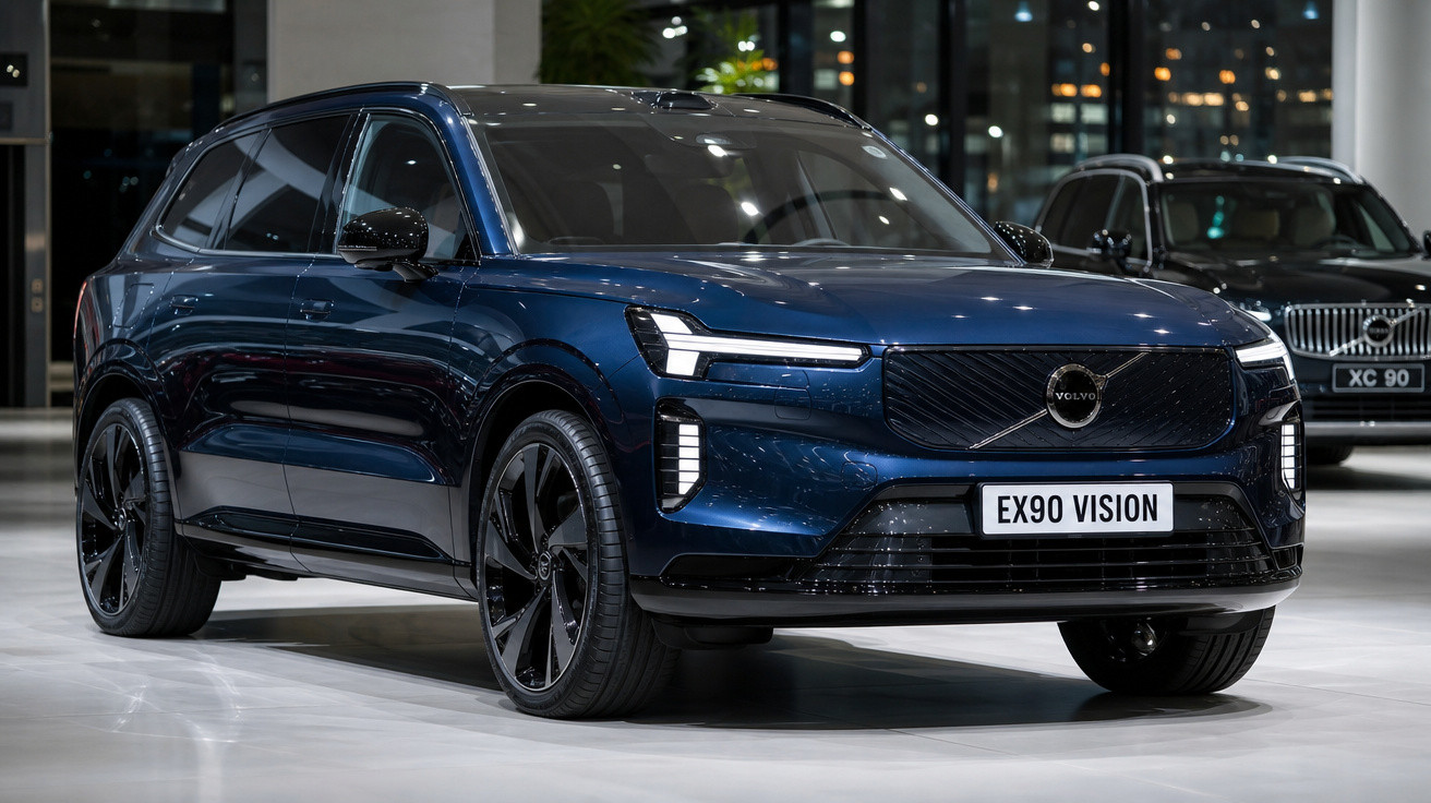 SUV Volvo EX90 Vision azul escuro em exposição interna com rodas pretas e faróis ligados.