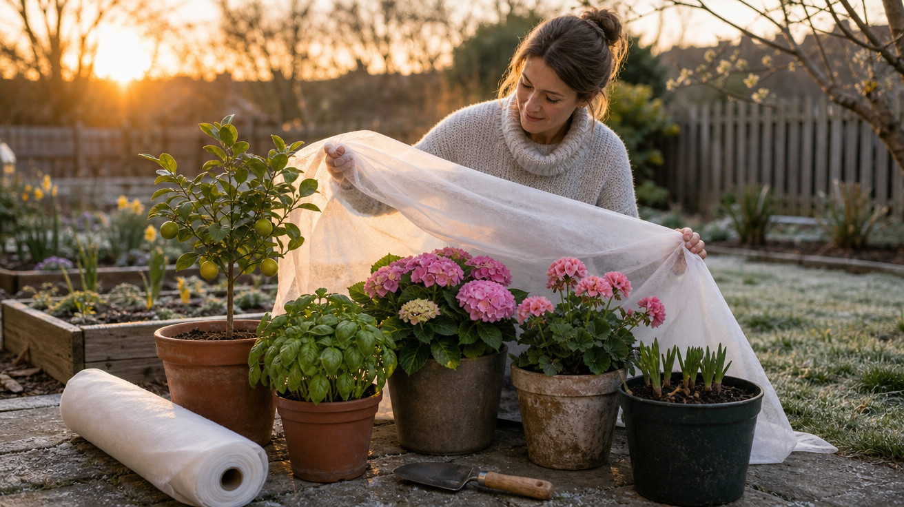 Mulher cobrindo plantas em vasos com tecido branco ao pôr do sol em jardim ao ar livre.