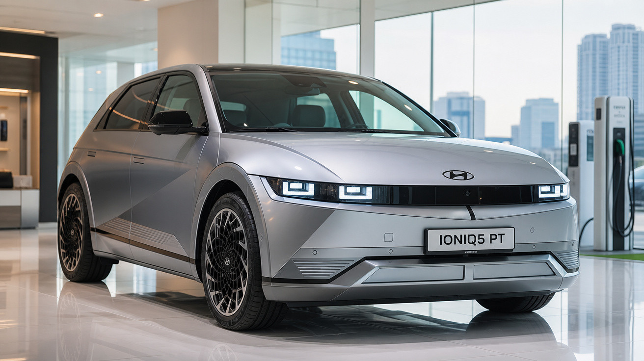 Carro elétrico Hyundai Ioniq 5 prata em exposição interna com prédios ao fundo.