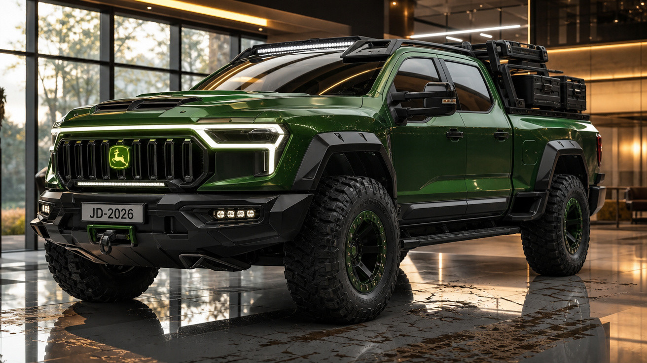 Picape verde John Deere robusta com faróis de LED e caixas de carga, em ambiente interno moderno.
