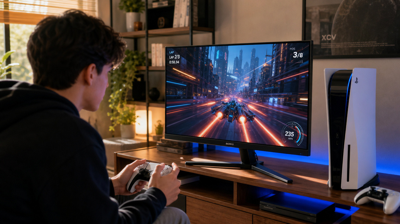 Pessoa jogando videogame de corrida futurista em televisão com console PlayStation 5 ao lado em sala iluminada.