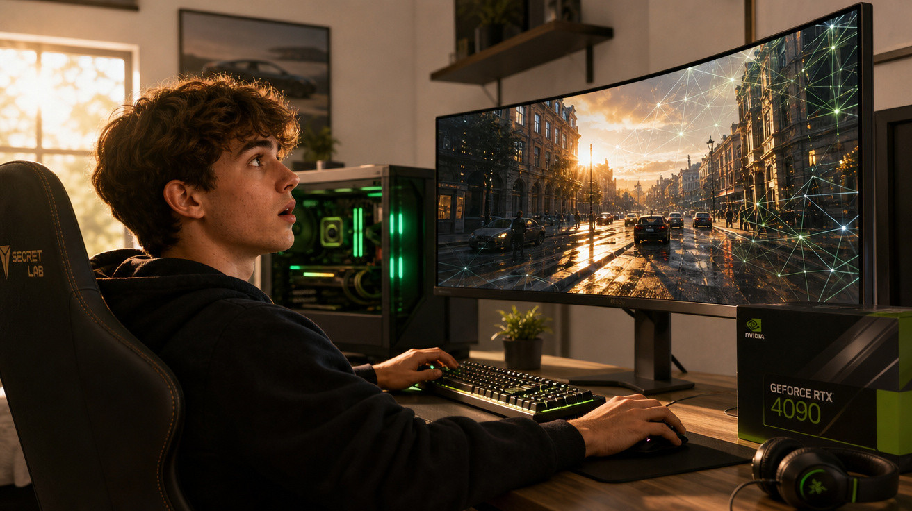 Jovem sentado em cadeira gamer usando computador com monitor grande exibindo cidade e caixa de placa de vídeo GeForce RTX 409