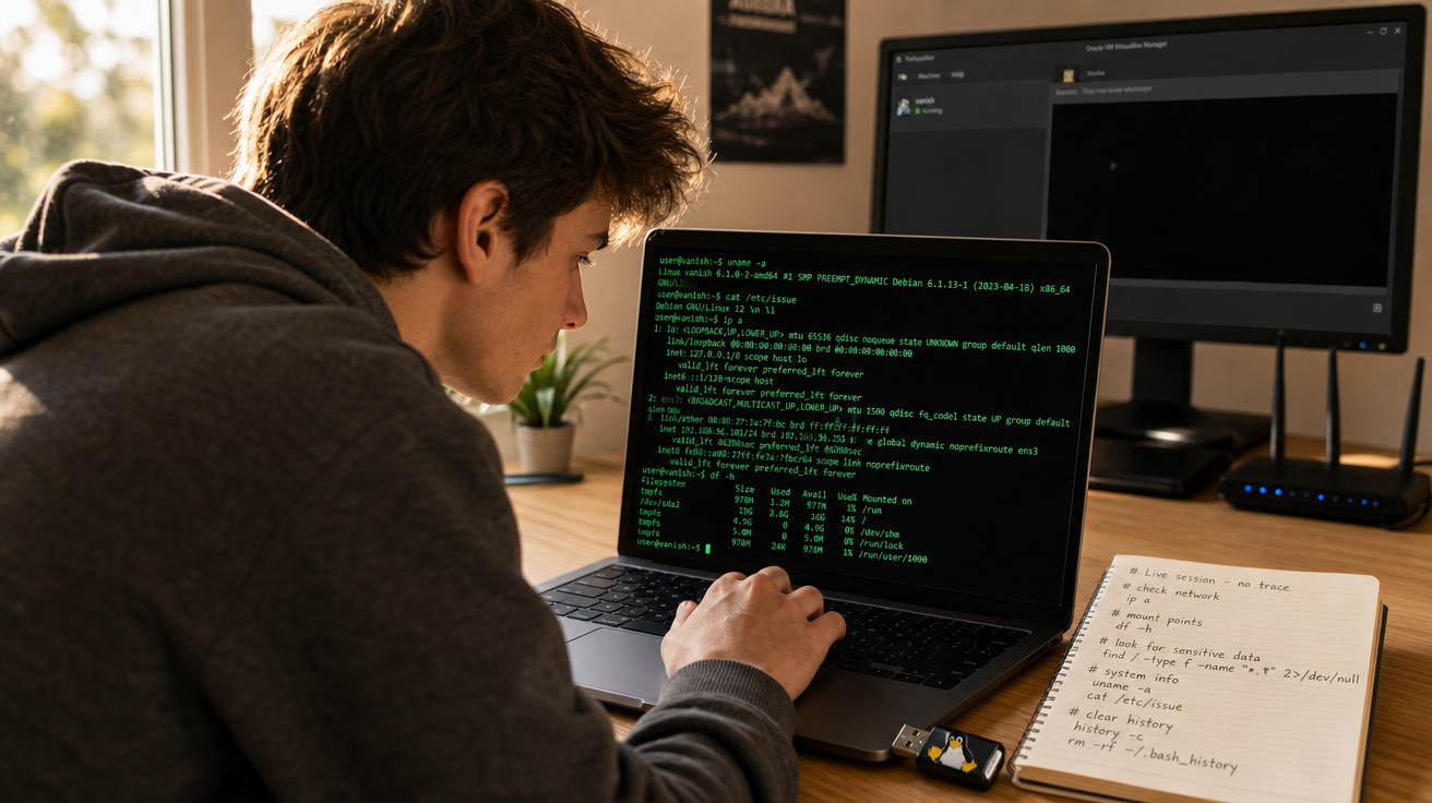 Jovem concentrado programando em laptop com terminal aberto, monitor extra e caderno de anotações ao lado.