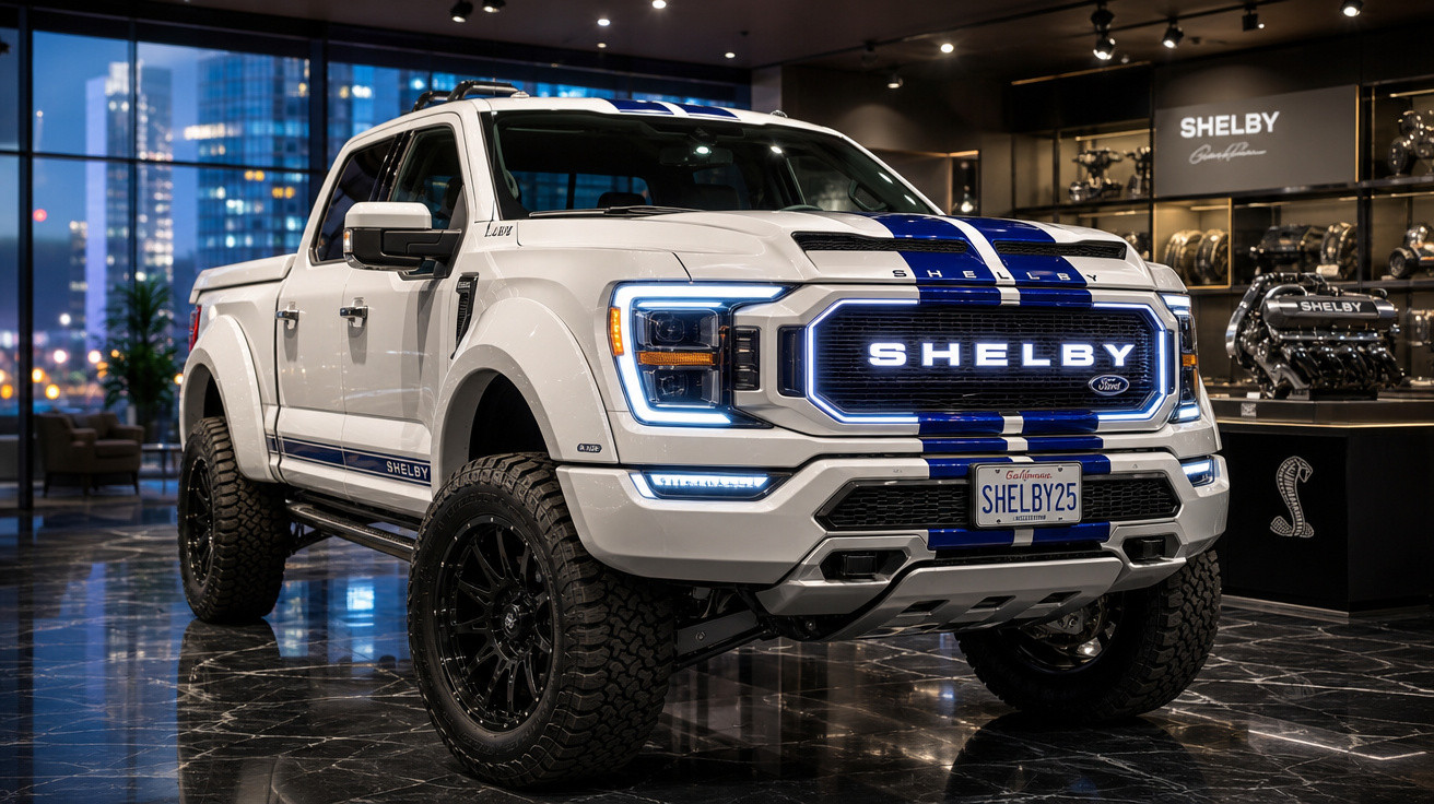 Picape branca Shelby com faixas azuis exposta em showroom moderno à noite.