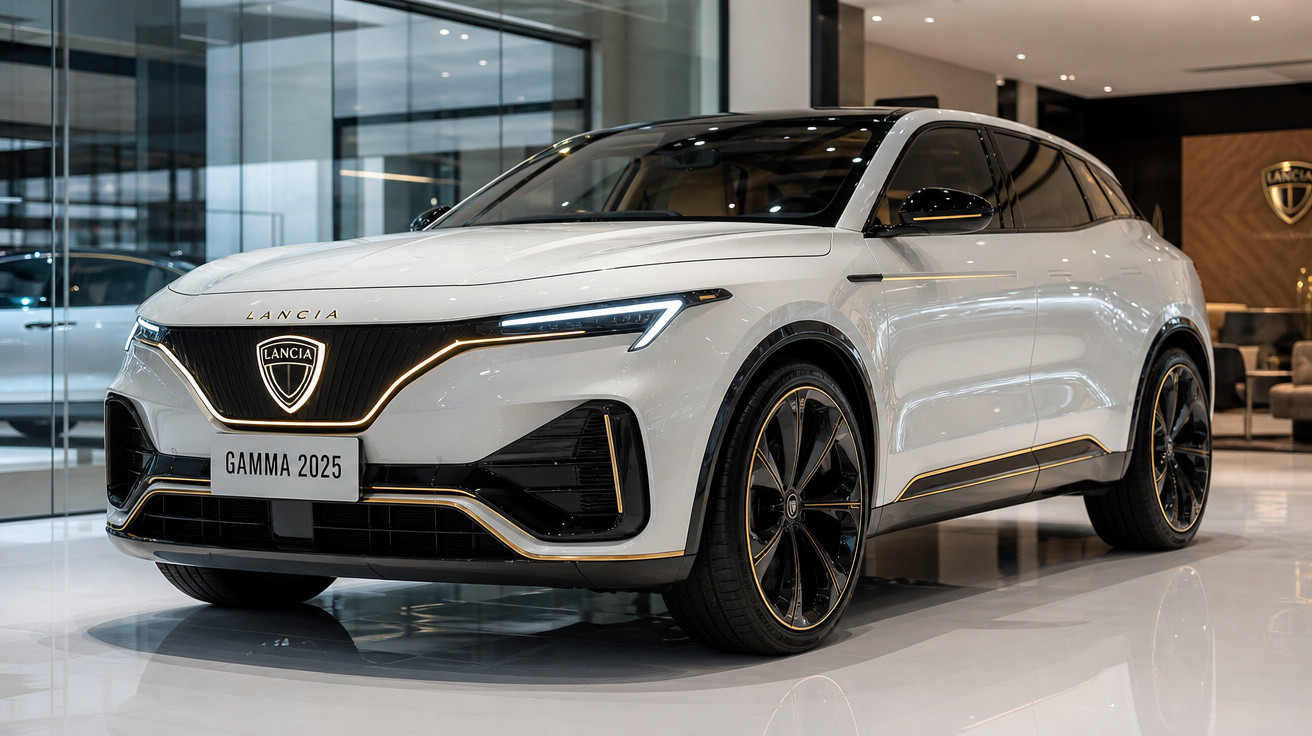 Carro SUV elétrico branco Lancia Gamma 2025 em showroom moderno com design futurista e detalhes em dourado.