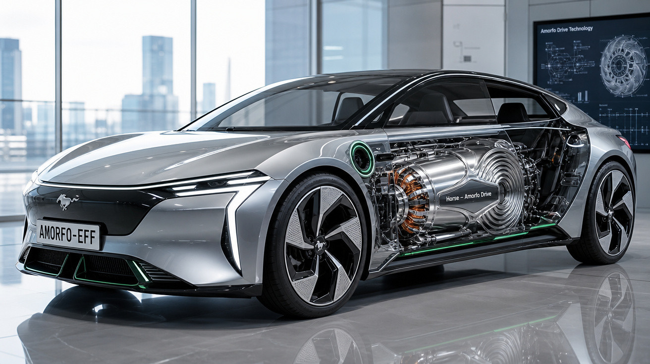 Carro esportivo elétrico prateado com partes internas transparentes exibindo motor e sistema de propulsão elétrica.
