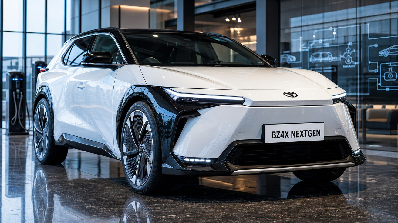 Carro elétrico Toyota BZ4X branco com detalhes pretos em showroom moderno e iluminado.
