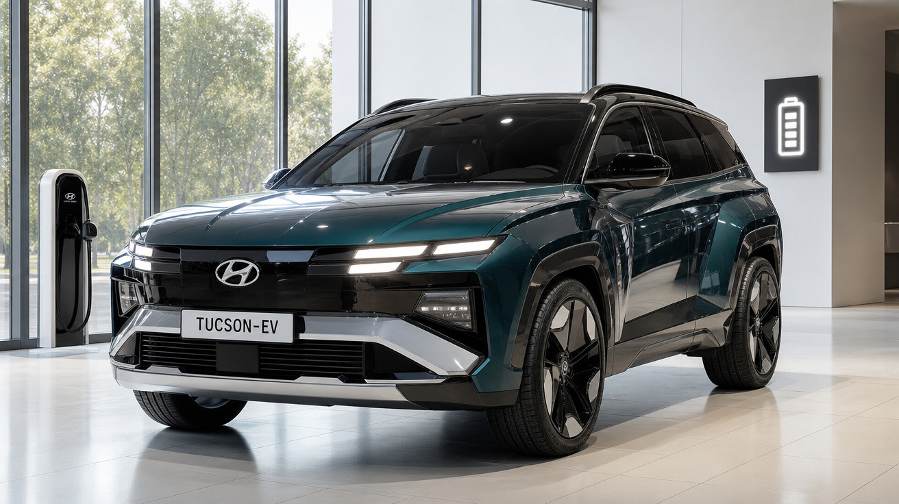 SUV elétrico Hyundai Tucson EV verde escuro estacionado em showroom com estação de carregamento.