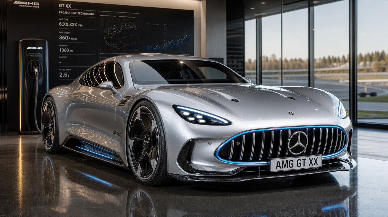 Carro esportivo Mercedes AMG GT XX prata estacionado em ambiente interno moderno com piso refletivo.