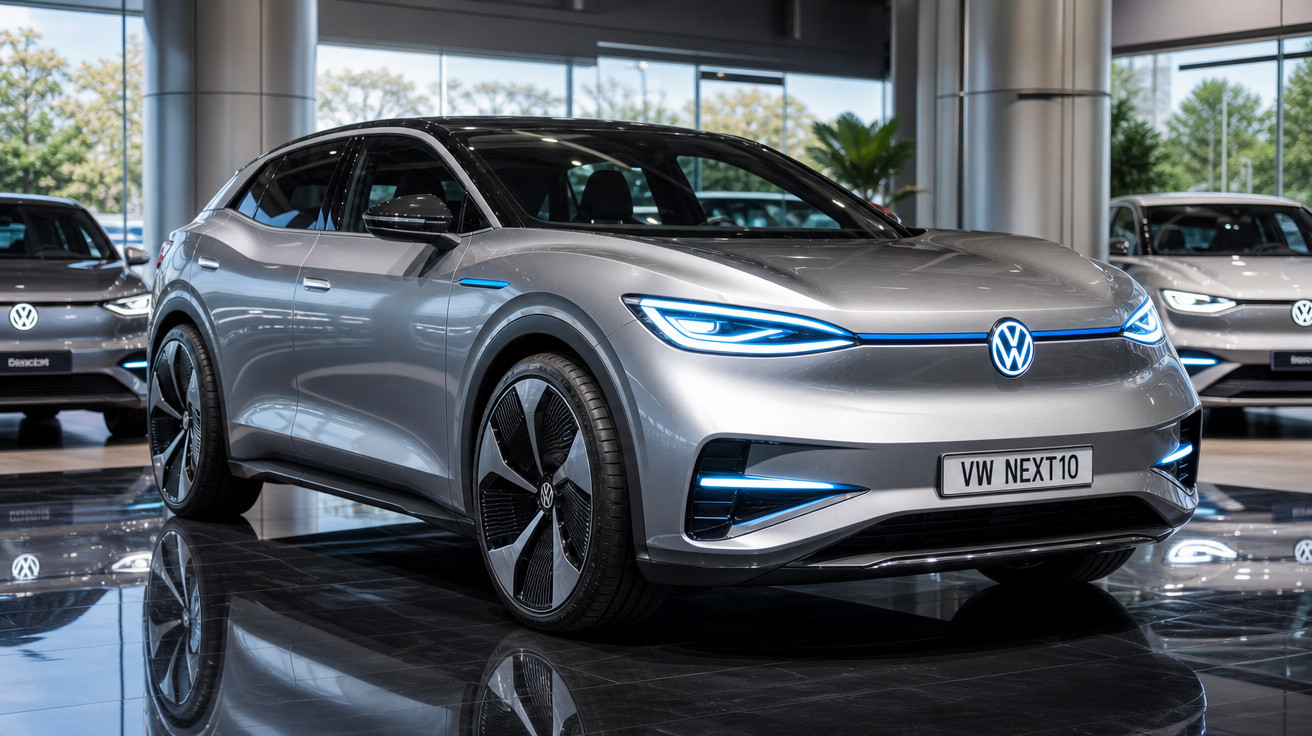 Carro elétrico Volkswagen VW NEXT10 prateado em exposição interna com luzes LED acesas.
