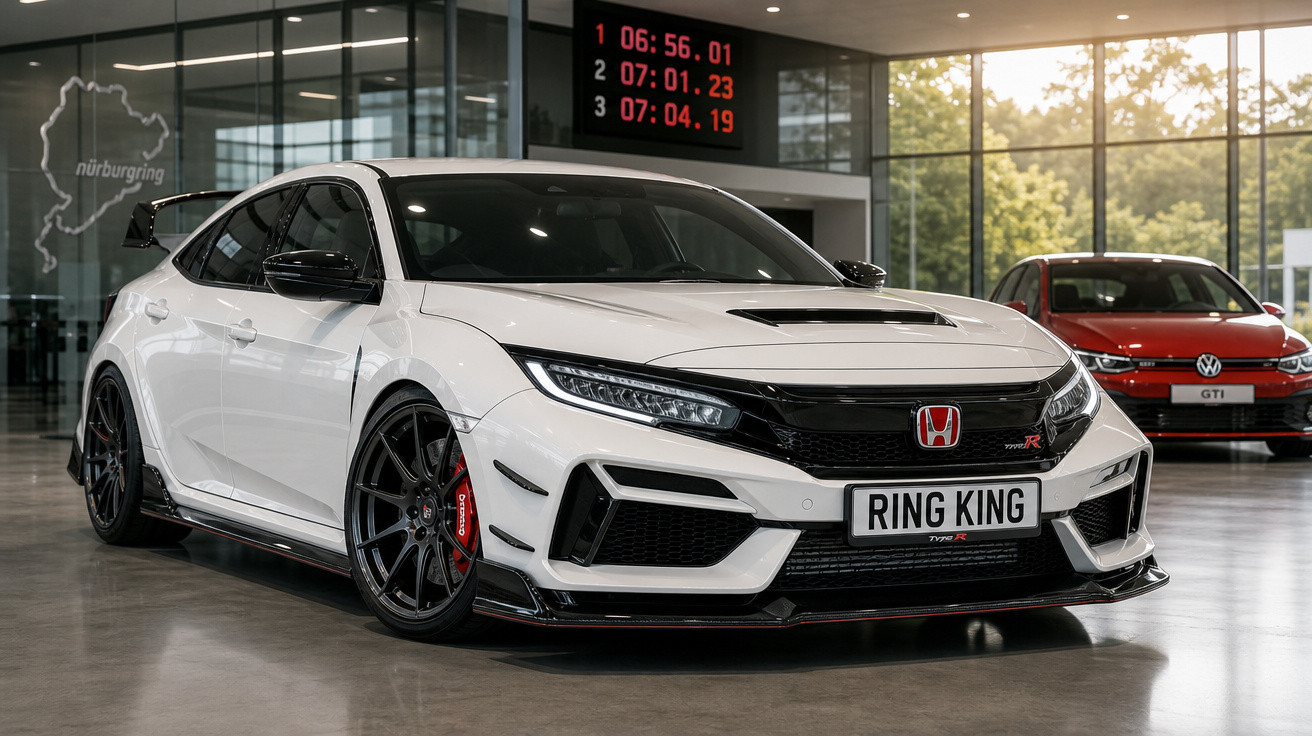 Honda Civic Type R branco estacionado em showroom com Volkswagen GTI vermelho ao fundo.