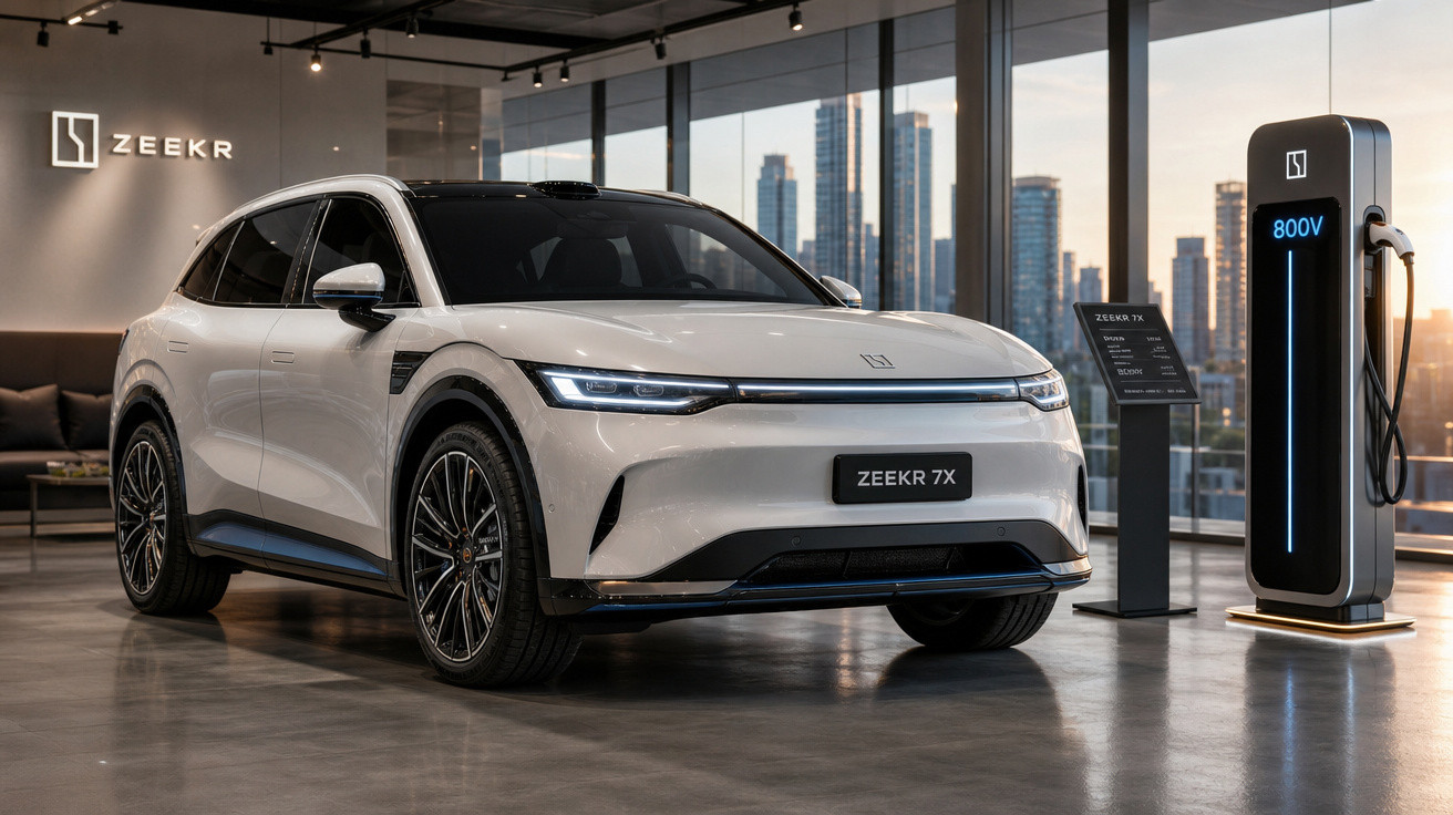 Carro elétrico branco Zeekr 7X estacionado em showroom moderno ao lado de carregador 800V.
