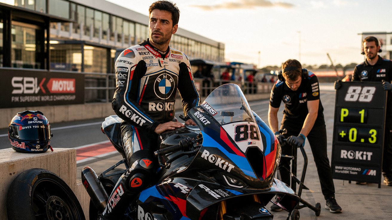 Piloto de moto BMW com roupa de corrida e equipe no pit stop durante corrida ao entardecer.