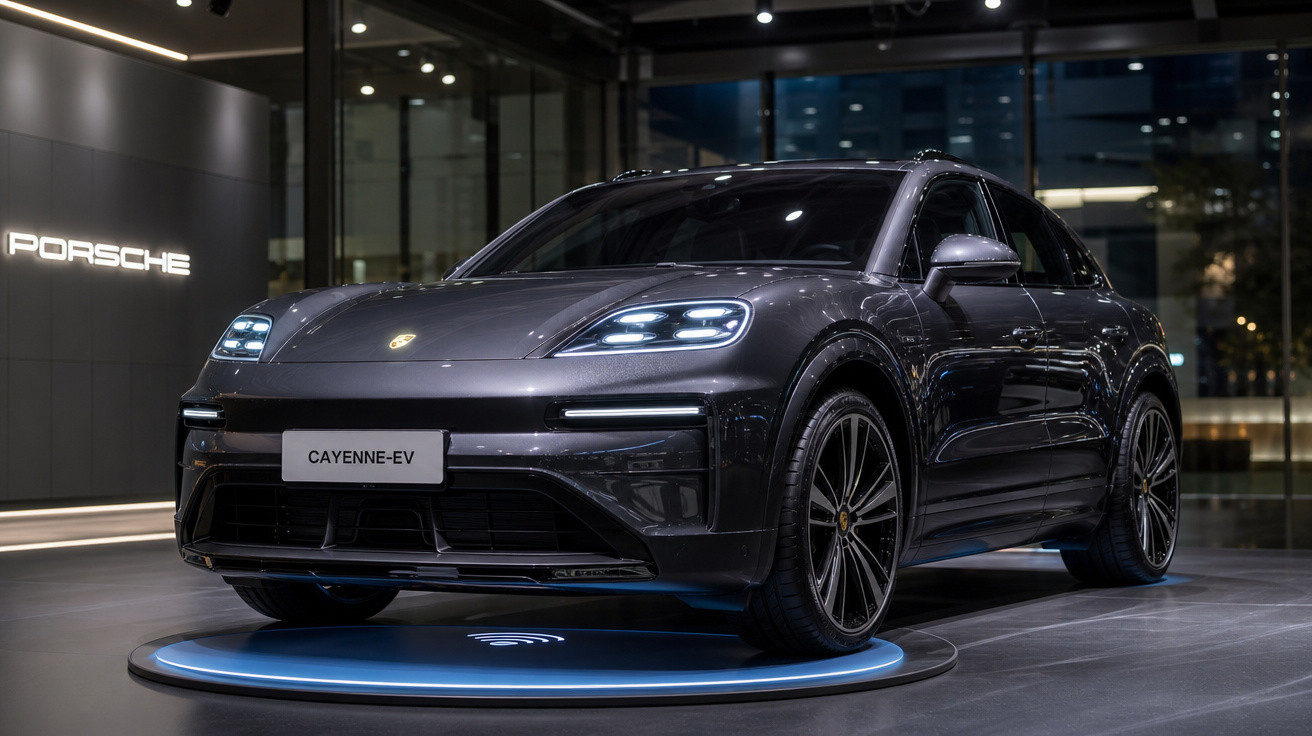 Carro elétrico Porsche Cayenne EV preto em exposição em showroom moderno à noite.