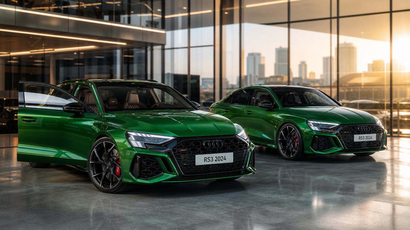 Dois carros Audi RS3 2024 verdes estacionados em showroom moderno com parede de vidro e vista urbana ao fundo.