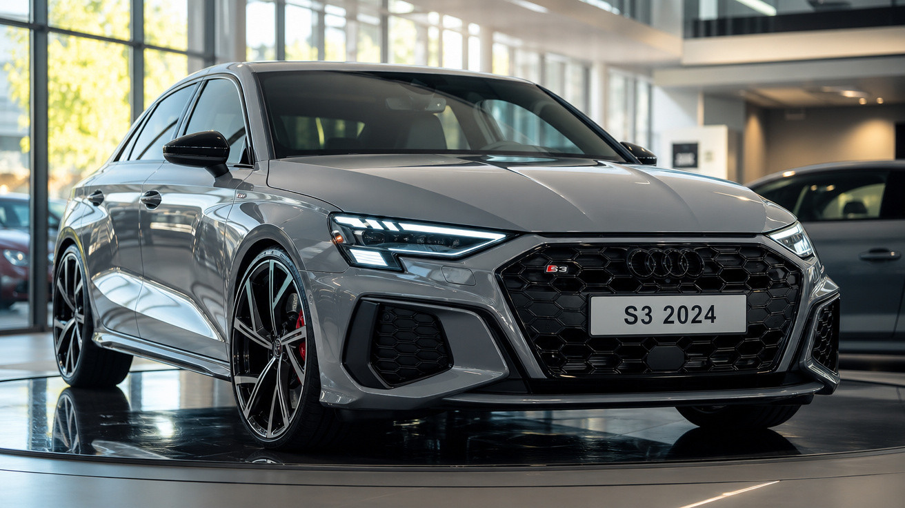 Carro esportivo cinza Audi S3 2024 em plataforma giratória dentro de showroom moderno.