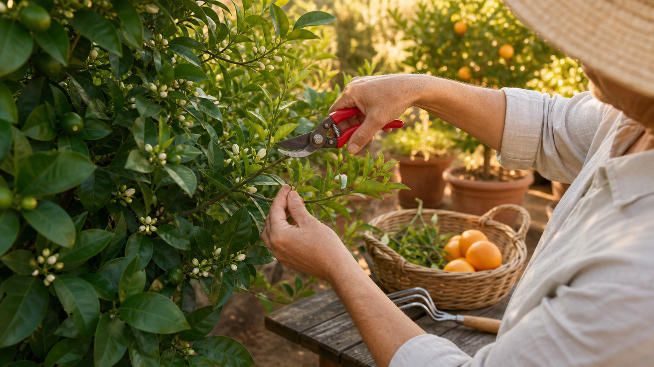 Pessoa podando galhos de planta com tesoura de poda em jardim com cesta de frutas ao fundo.