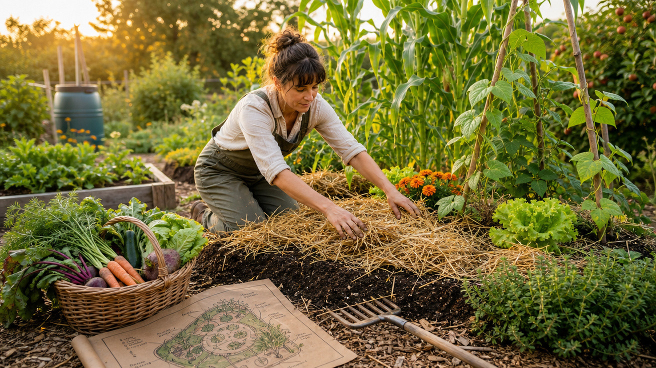 Mulher cuidando da horta ao ar livre, preparando o solo com palha, cesta com legumes e plantações ao redor.