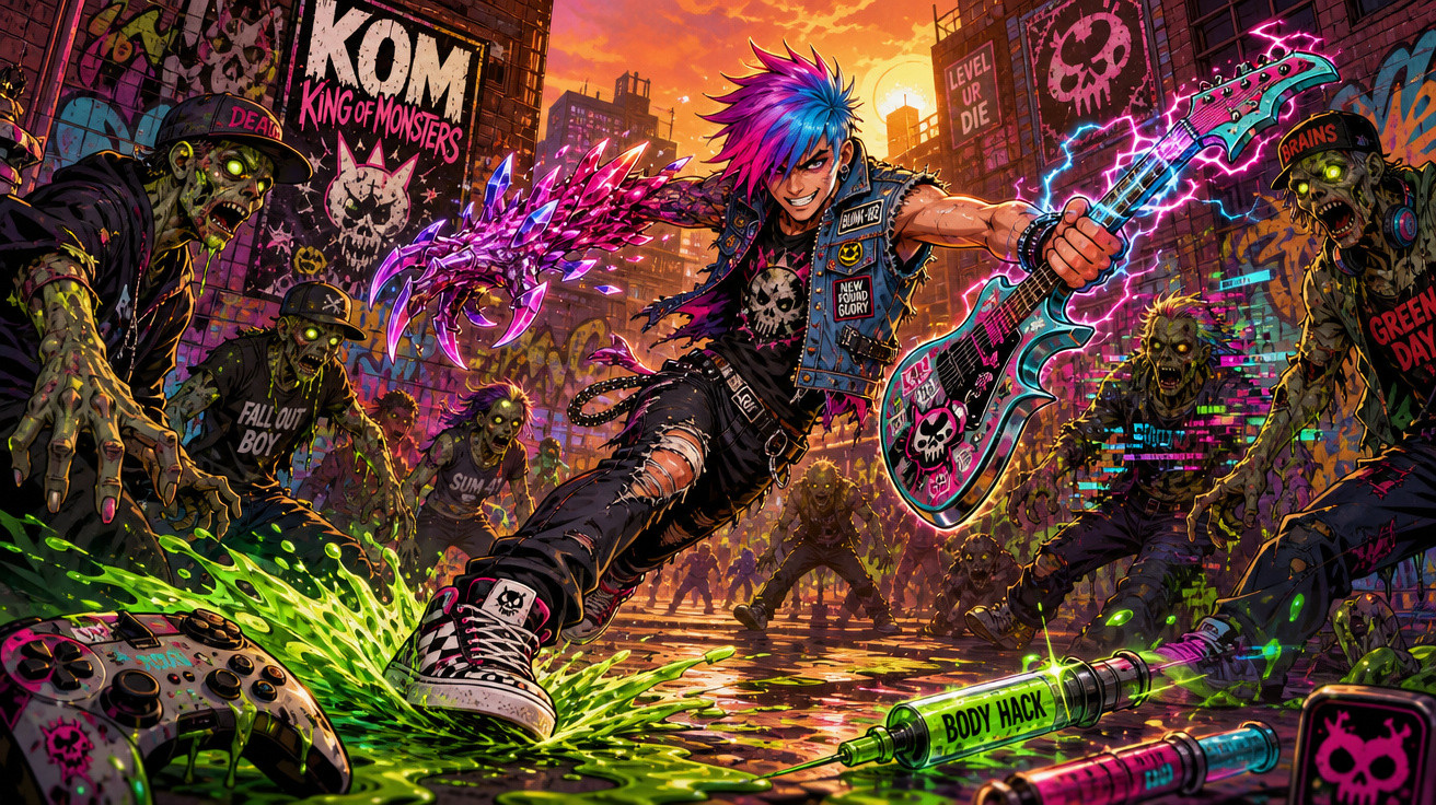 Jovem punk com guitarra enfrenta zumbis em rua iluminada por grafites e néon ao pôr do sol.