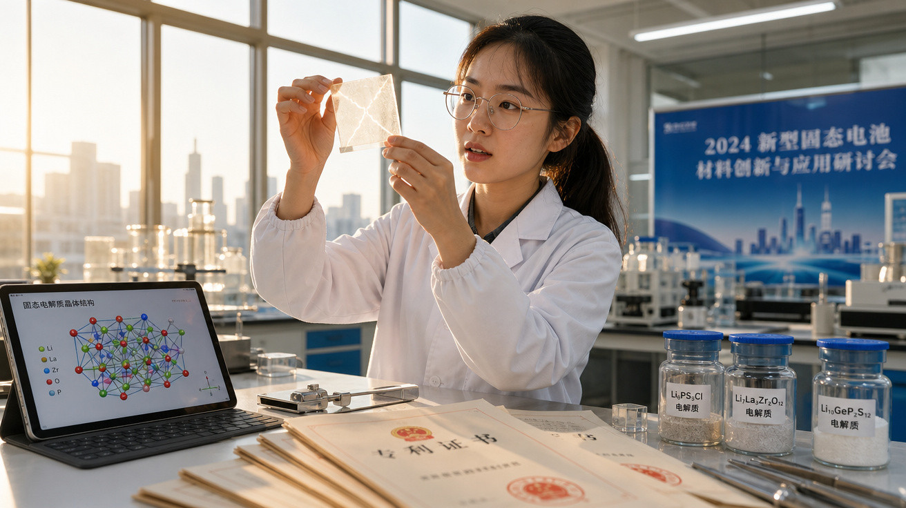 Pesquisadora em laboratório analisa material transparente enquanto ao lado há tablet com estrutura molecular e frascos rotula