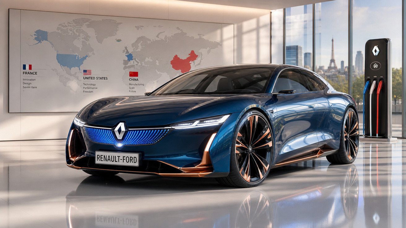 Carro elétrico azul Renault-Ford em showroom moderno com mapa mundial, estação de carregamento e Torre Eiffel ao fundo.