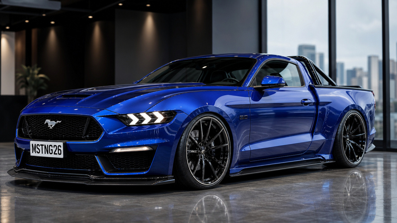Ford Mustang azul personalizado como picape, com rodas pretas e iluminação ambiente interna.