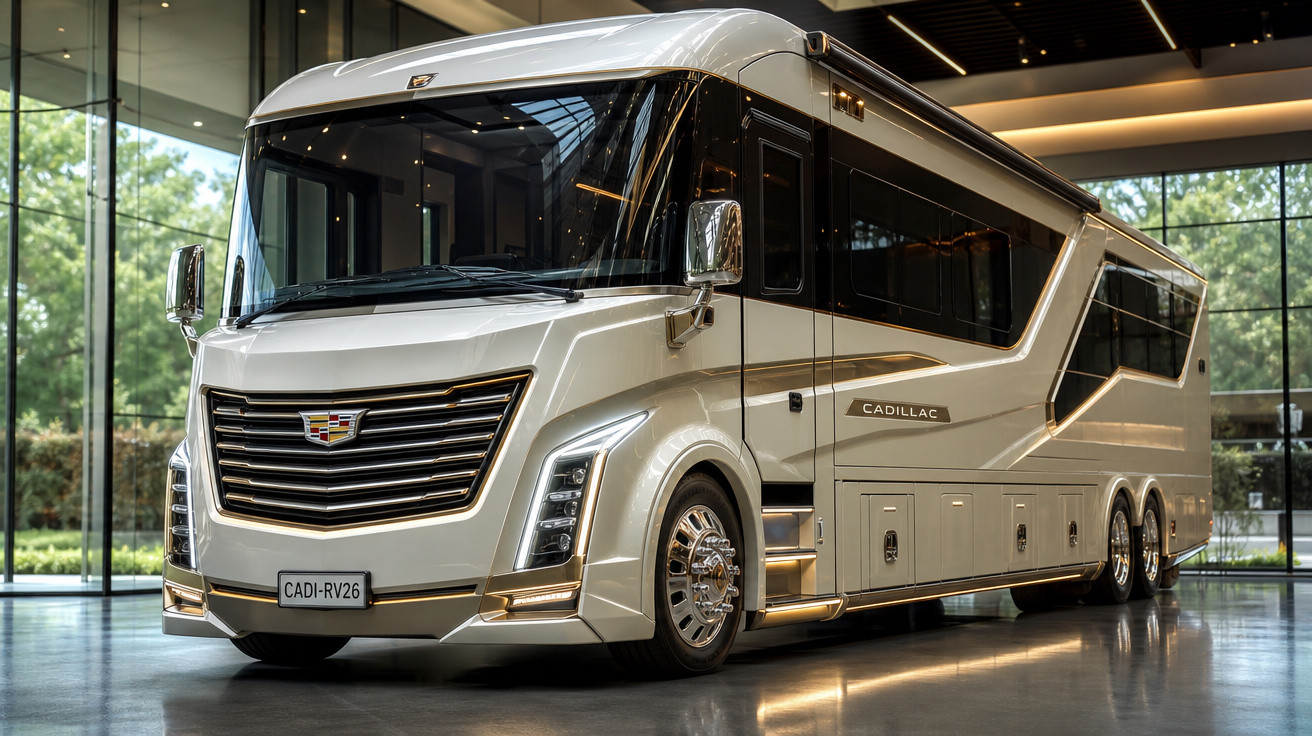 Motorhome de luxo branco da marca Cadillac estacionado em ambiente interno com piso brilhante.