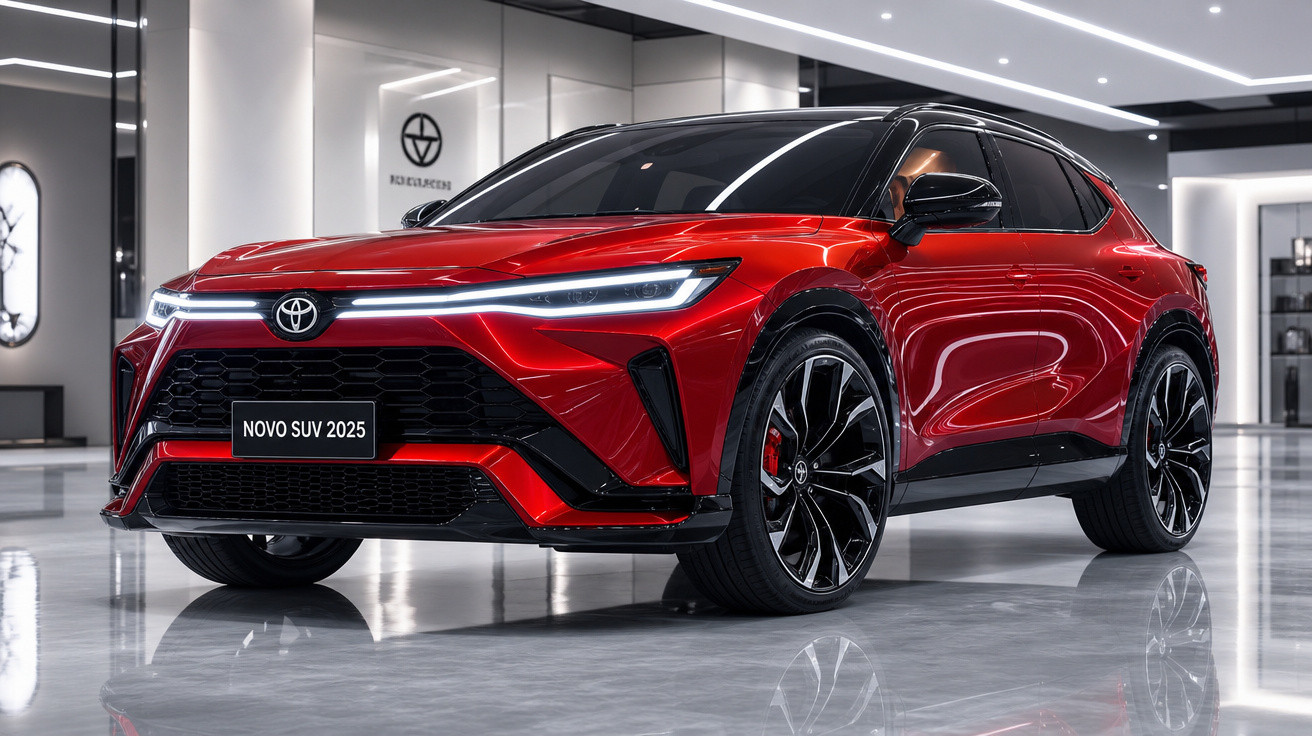 Carro SUV vermelho 2025 da Toyota em cenário interno moderno com iluminação branca.