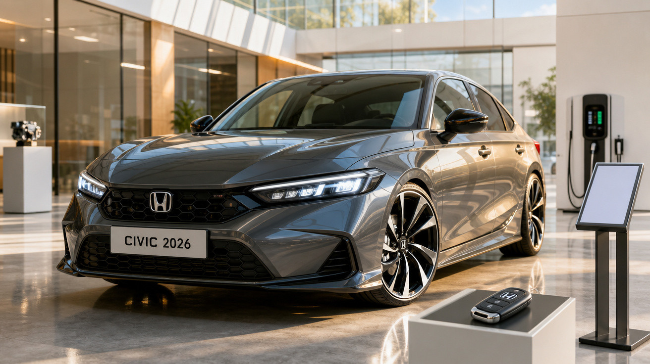 Carro Honda Civic 2026 cinza exibido em showroom com chave e carregador elétrico ao fundo.