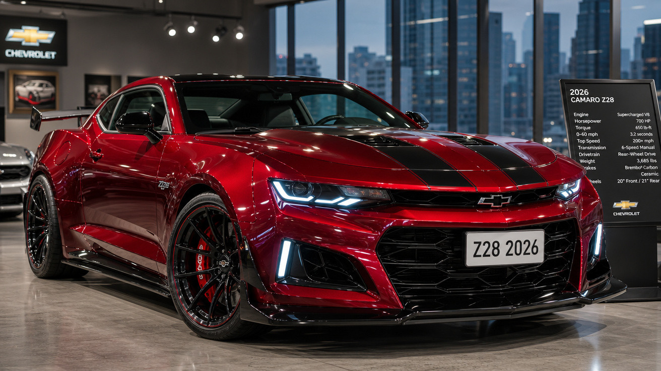 Carro esportivo Chevrolet Camaro Z28 2026 vermelho com faixa preta em showroom moderno.