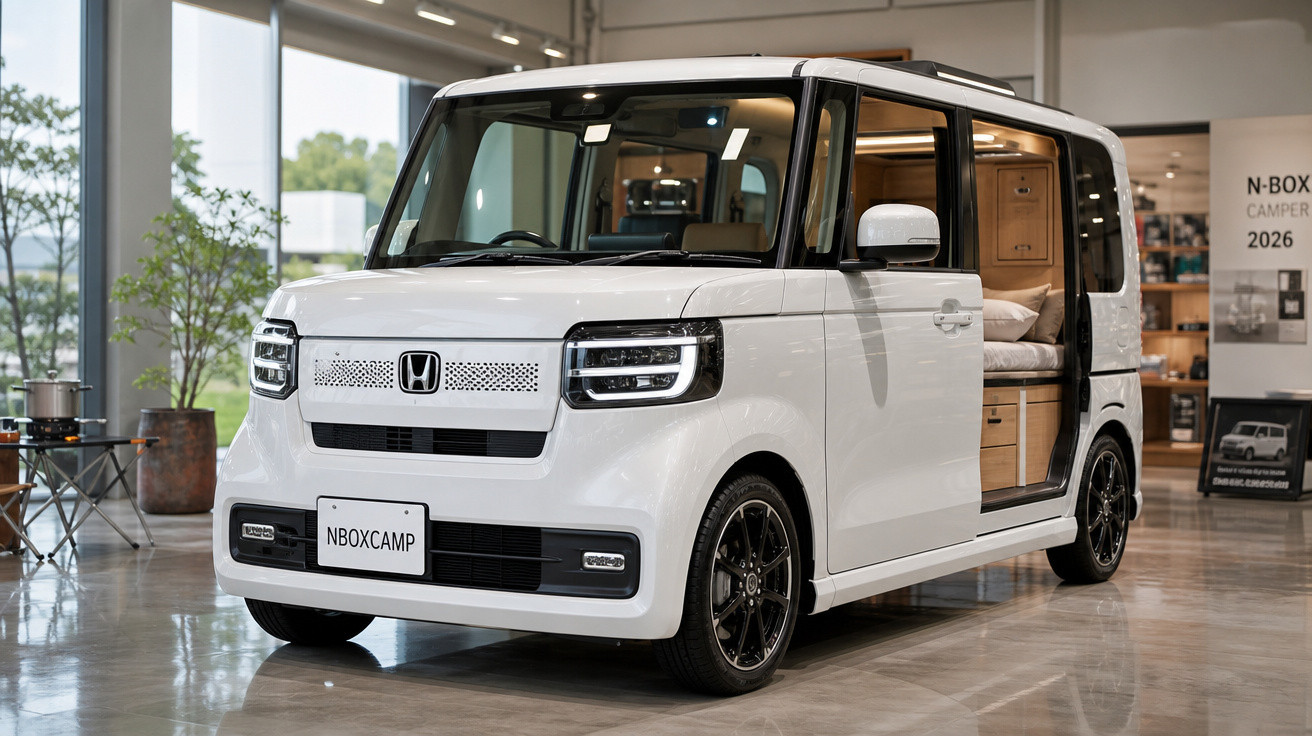Veículo branco Honda N-BOX CAMP exibido em ambiente interno, com a porta lateral aberta mostrando interior camper.