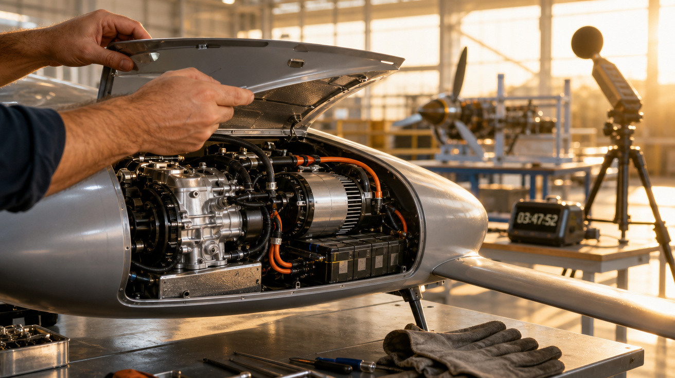Mecânico abrindo compartimento de motor elétrico em aeronave fixa dentro de hangar iluminado.