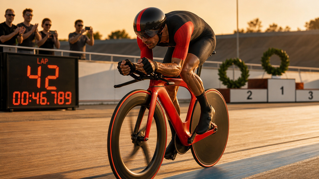Ciclista em equipamento aerodinâmico compete em pista de velocidade ao pôr do sol, com cronômetro mostrando volta 42.