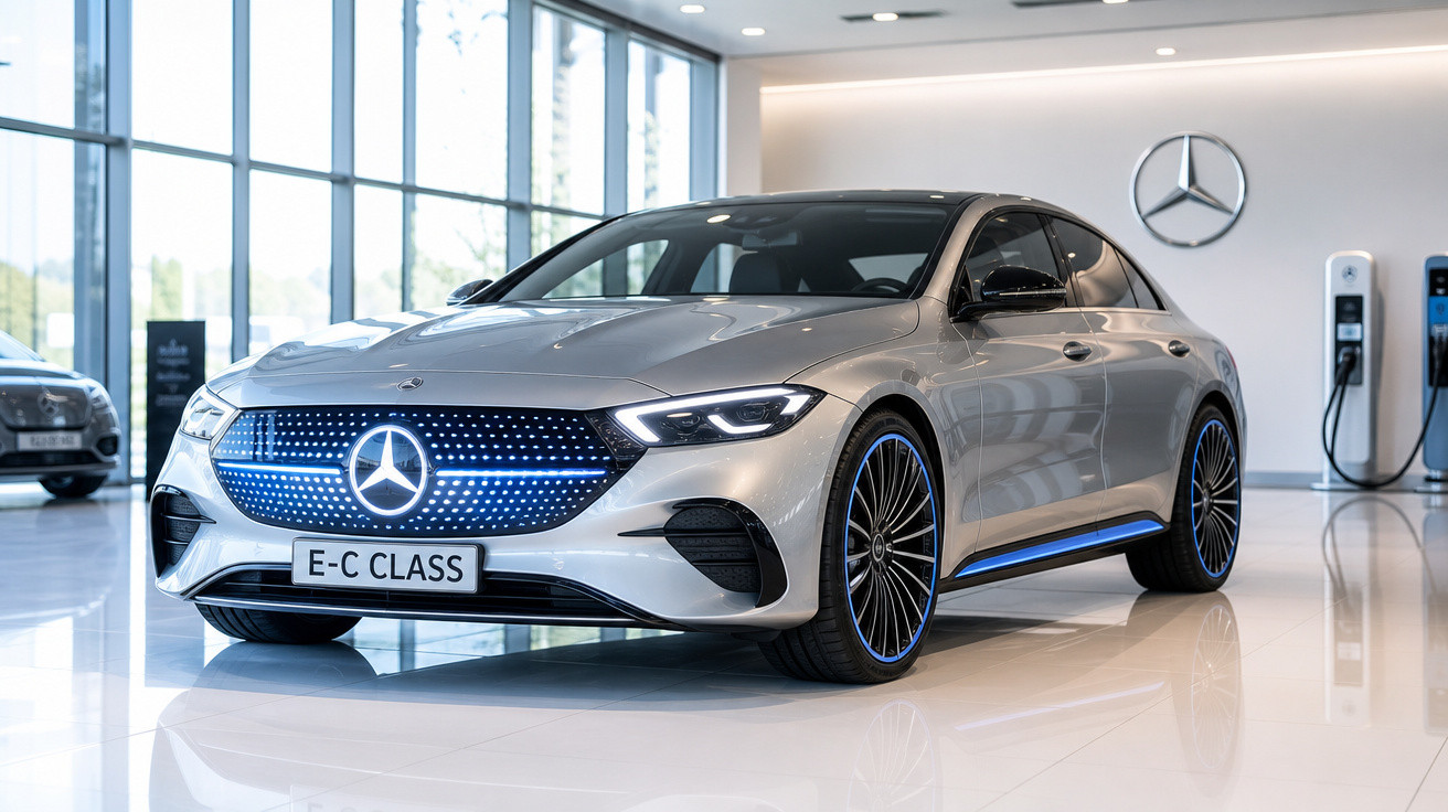 Carro elétrico Mercedes-Benz E-C Class prata em showroom moderno com carregadores elétricos ao fundo.