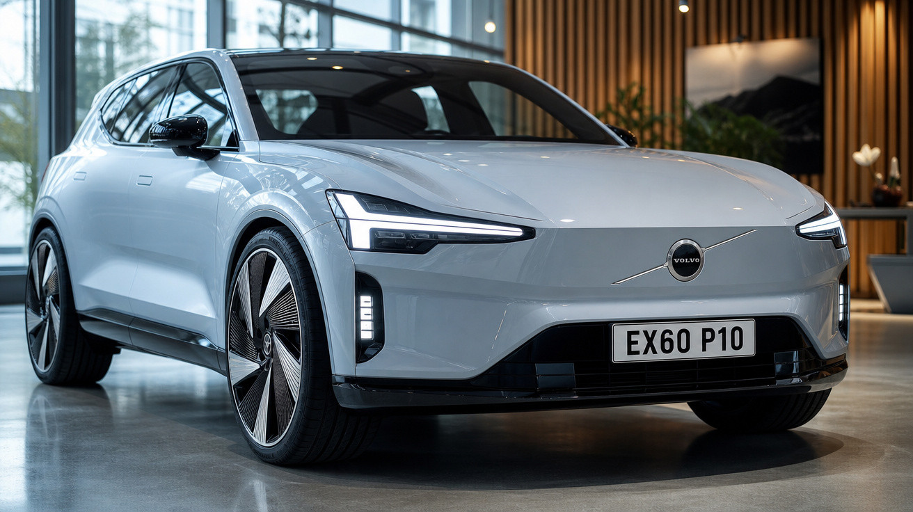 Carro moderno branco da marca Volvo estacionado em ambiente interno com luz natural.