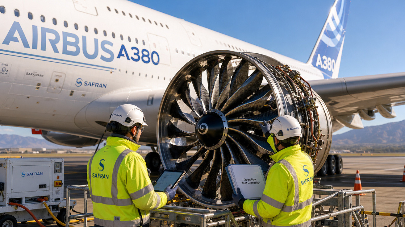 Técnicos da Safran inspecionam motor aberto de avião Airbus A380 em pista de aeroporto sob céu azul.