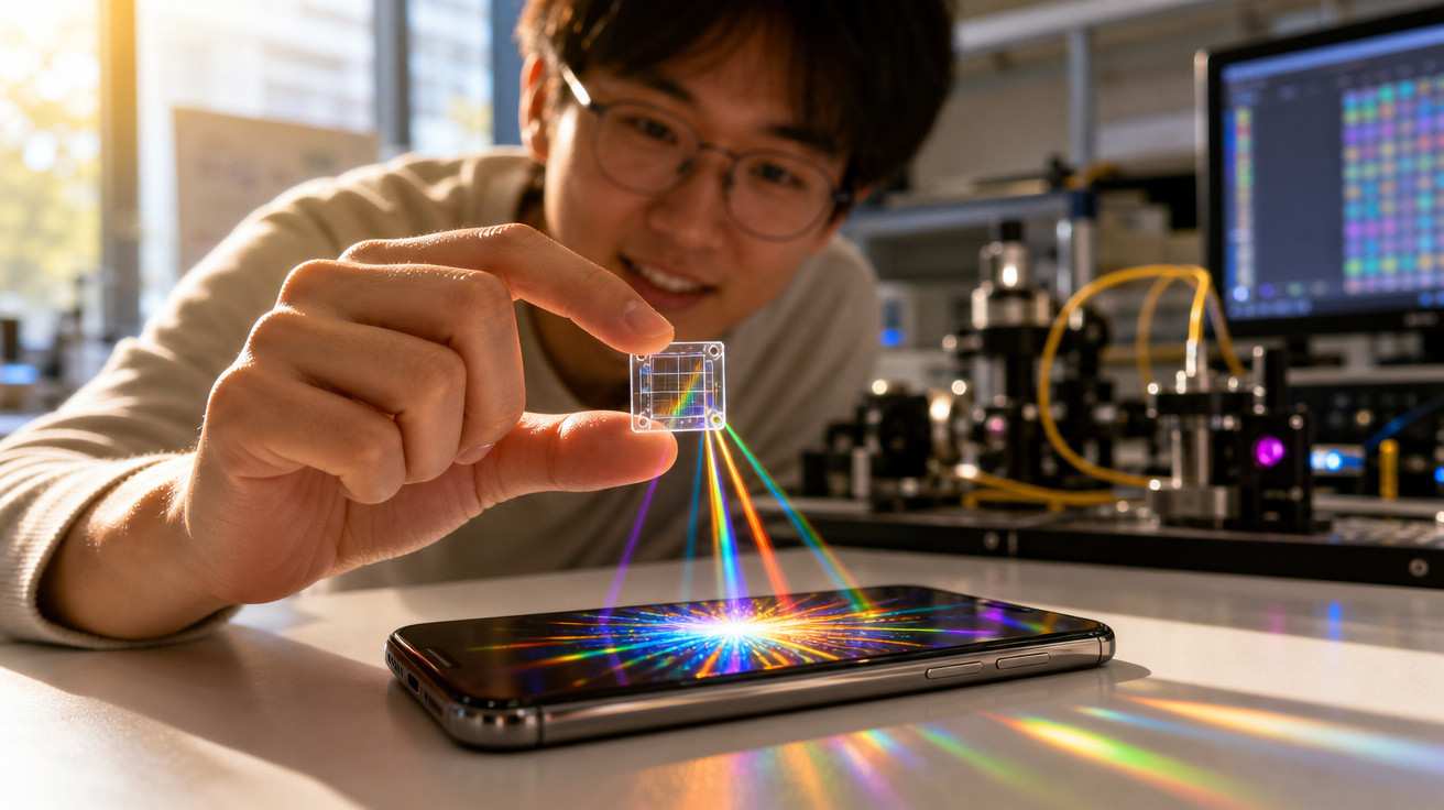Pessoa segurando prismas que dispersam luz colorida sobre smartphone em ambiente tecnológico.