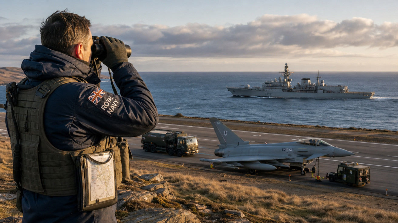 Militar da Marinha Real observa com binóculos caça e navio de guerra próximos à costa.