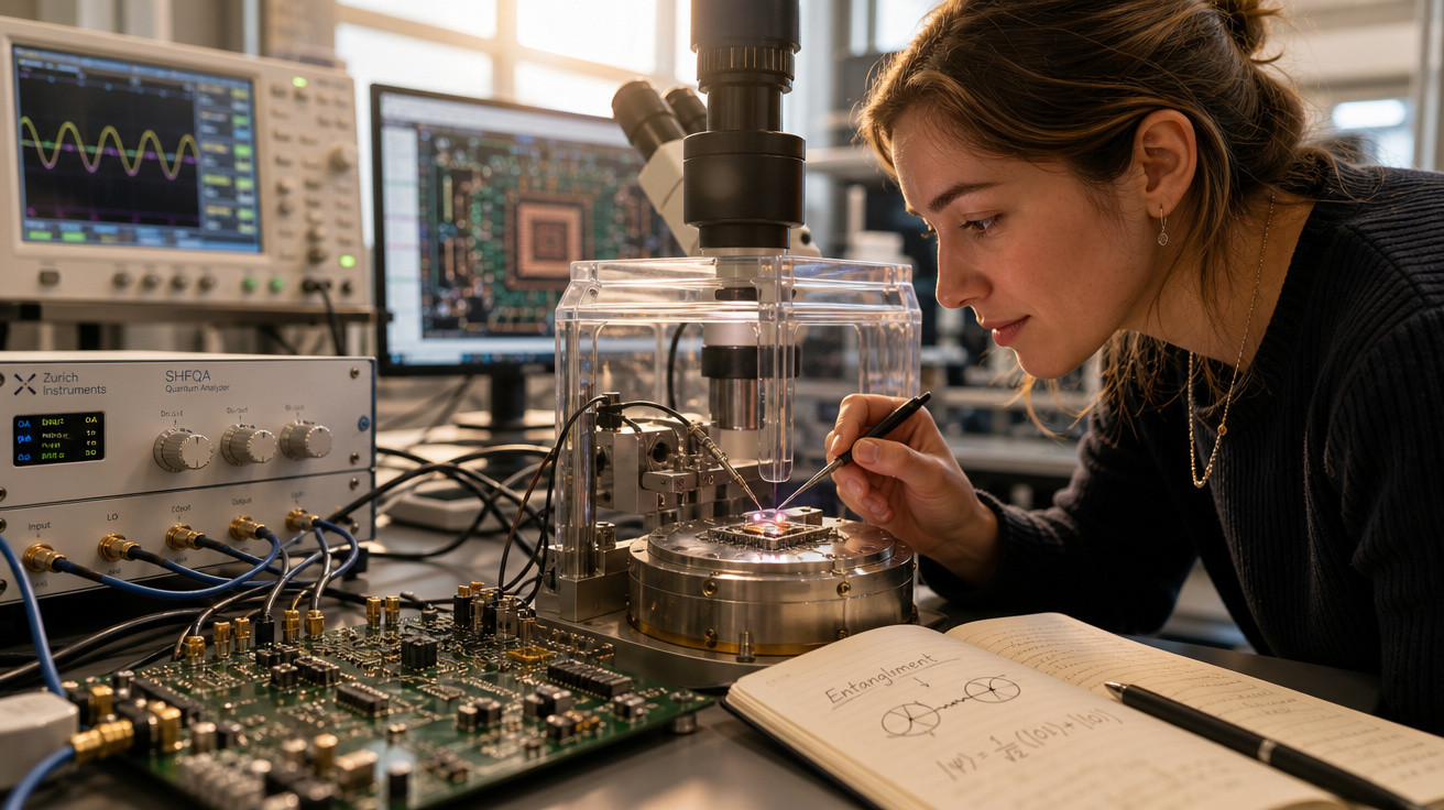 Mulher trabalhando com equipamentos eletrônicos e microscópio em laboratório de tecnologia.