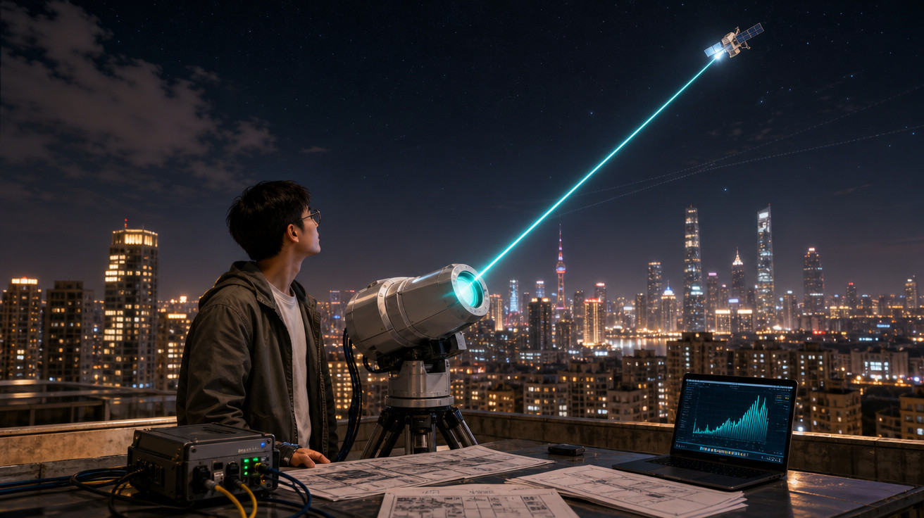 Jovem observa satélite no céu com equipamento tecnológico sobre mesa em terraço urbano à noite.