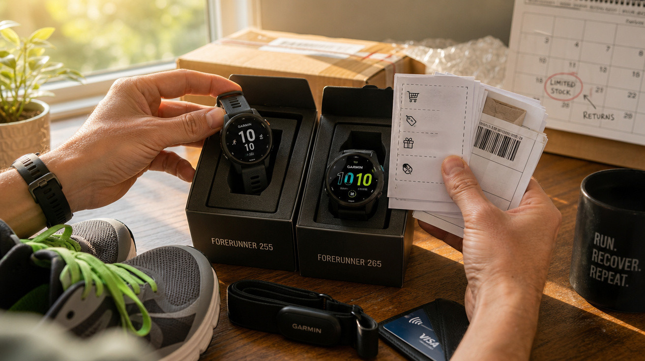 Pessoa manuseando relógio esportivo Garmin Forerunner 255 ao lado de tênis e documentos em mesa.