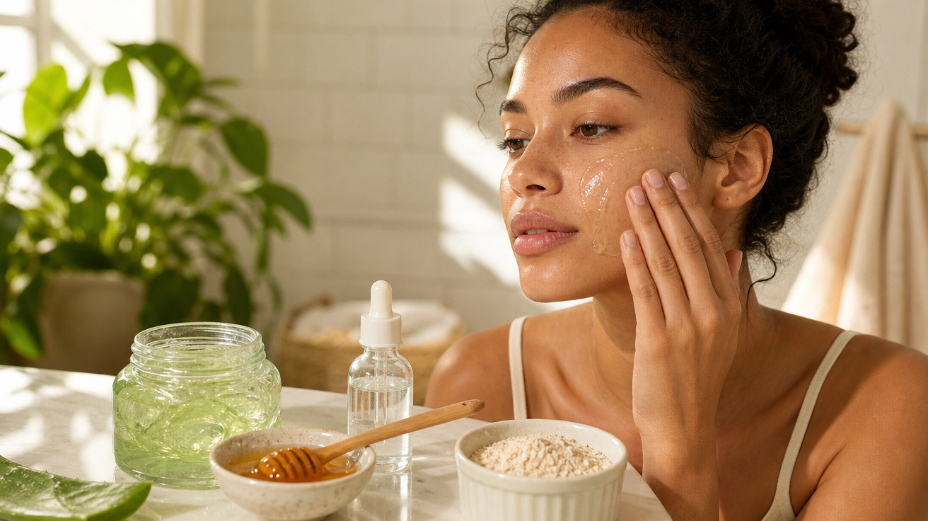 Mulher aplicando creme no rosto com produtos naturais como mel, aloe vera e pó em cesto ao fundo.