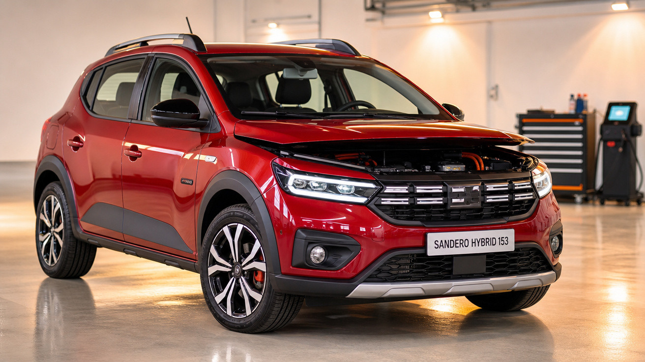Carro vermelho Sandero Hybrid 153 com capô aberto em ambiente interno iluminado.